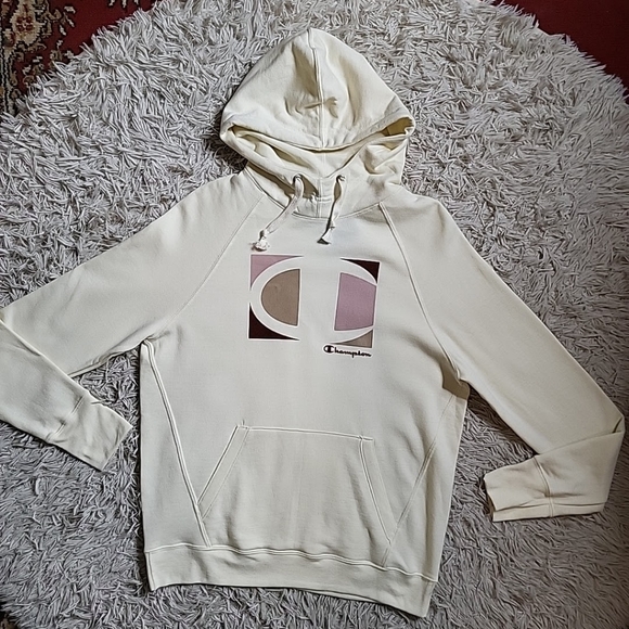 *SOLD* Champion Hoodie Sweatshirt Powerblend Medium Cream Yellow Pink Burgundy - Picture 2 of 8